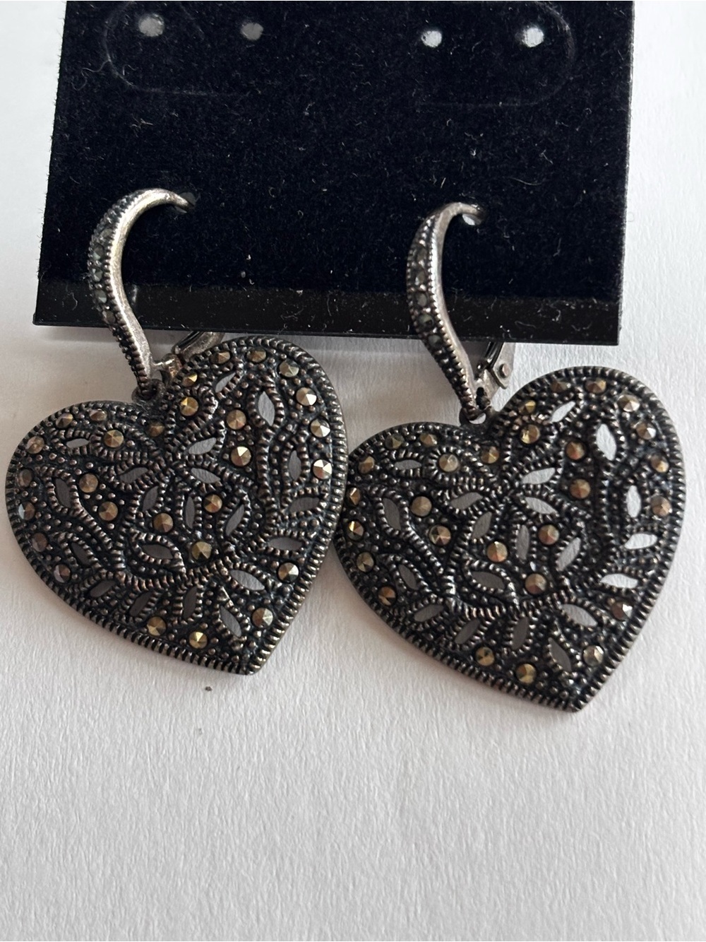 Judith Jack Sterling Silver 925 Marcasite Heart Earrings Sparkle Filigree